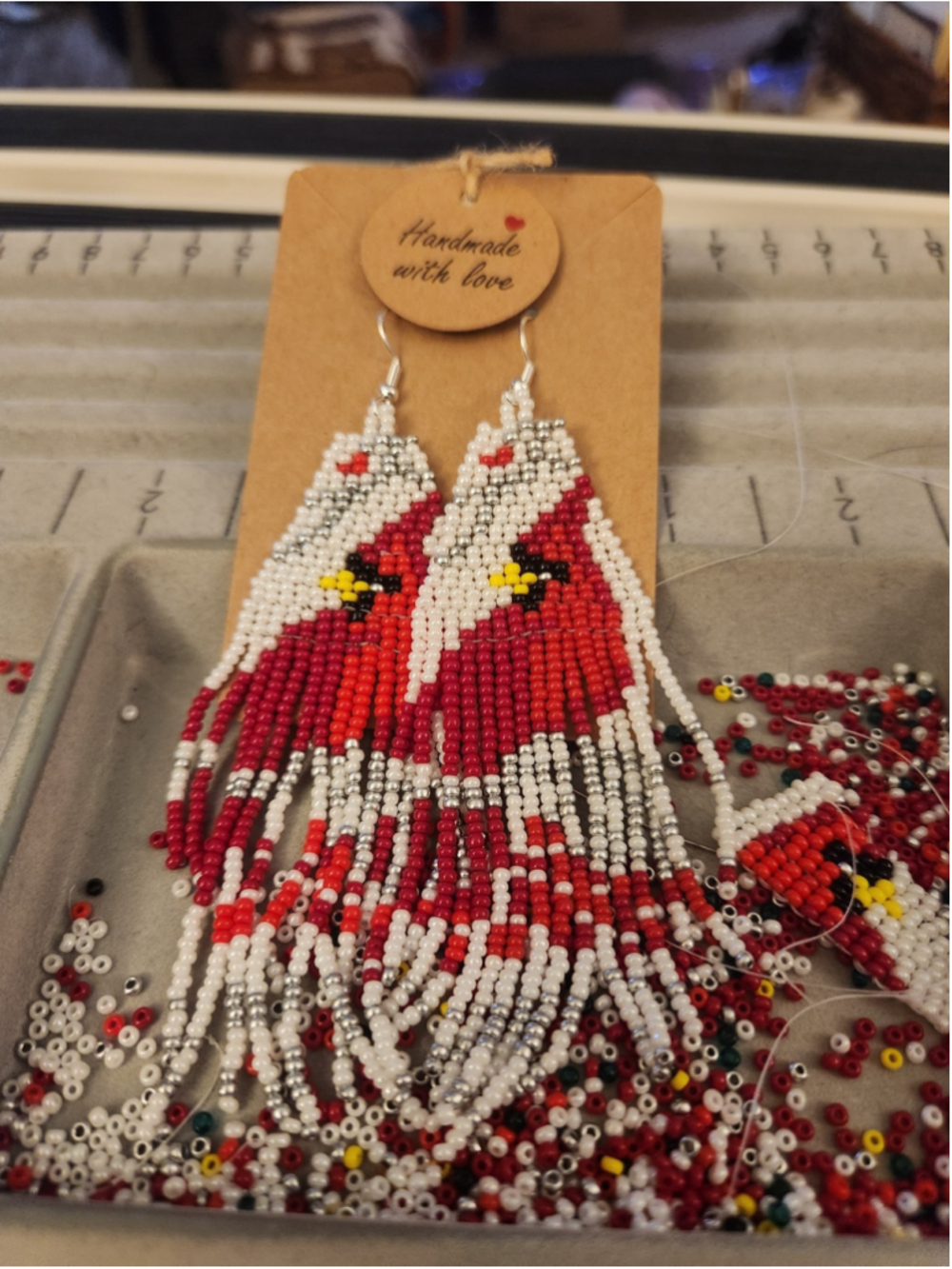 Handcrafted by me Cardinal Bird Beaded Fringe Earrings with S925 silver hooks